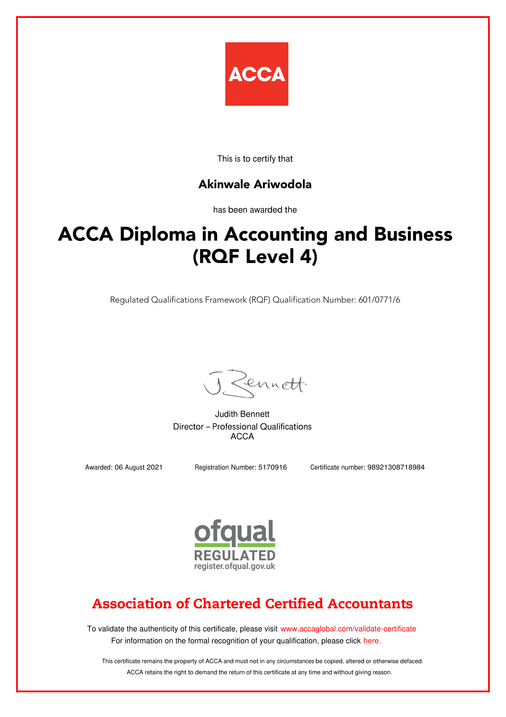 ACCA Diploma in Accounting & Business - Akinwale Ariwodola